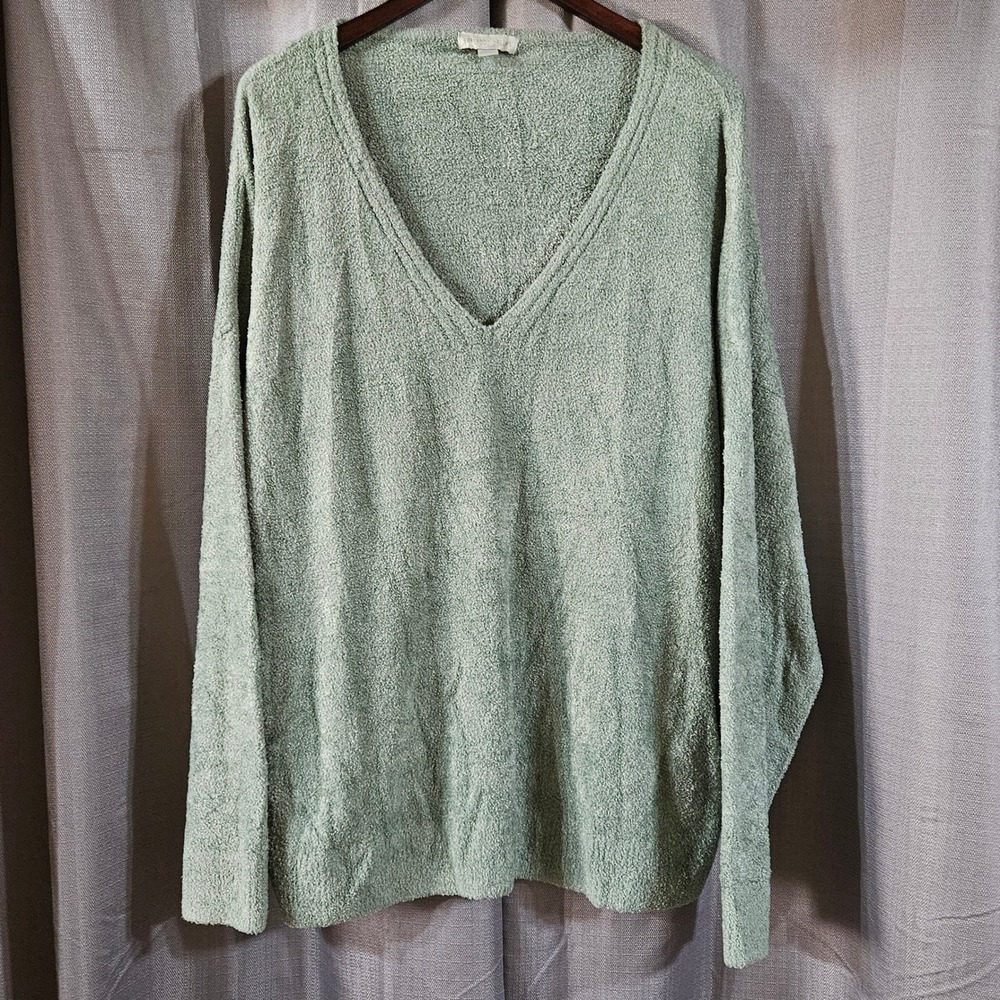 Barefoot Dreams CozyChic Lite V-Neck Sweater Sage Green Petite 3X BDWES22145